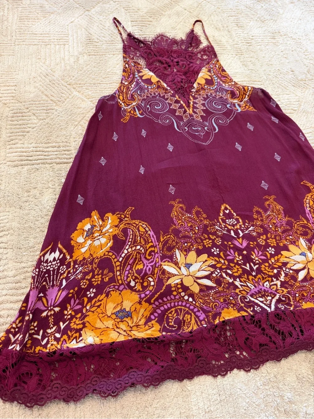 Free People Intimately Boho Lace Halter Slip Dress Burgundy Paisley XS